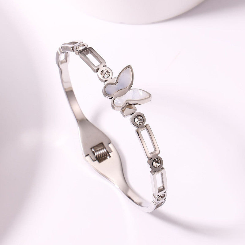 Silver Butterfly Charm Bracelet with Crystal Accents | Anti-Tarnish Stainless Steel Openable Cuff