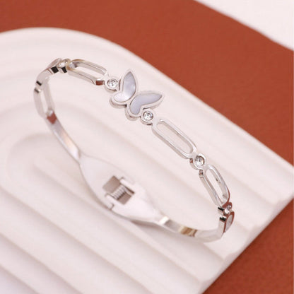 Silver Butterfly Charm Bracelet with Crystal Accents | Anti-Tarnish Stainless Steel Openable Cuff