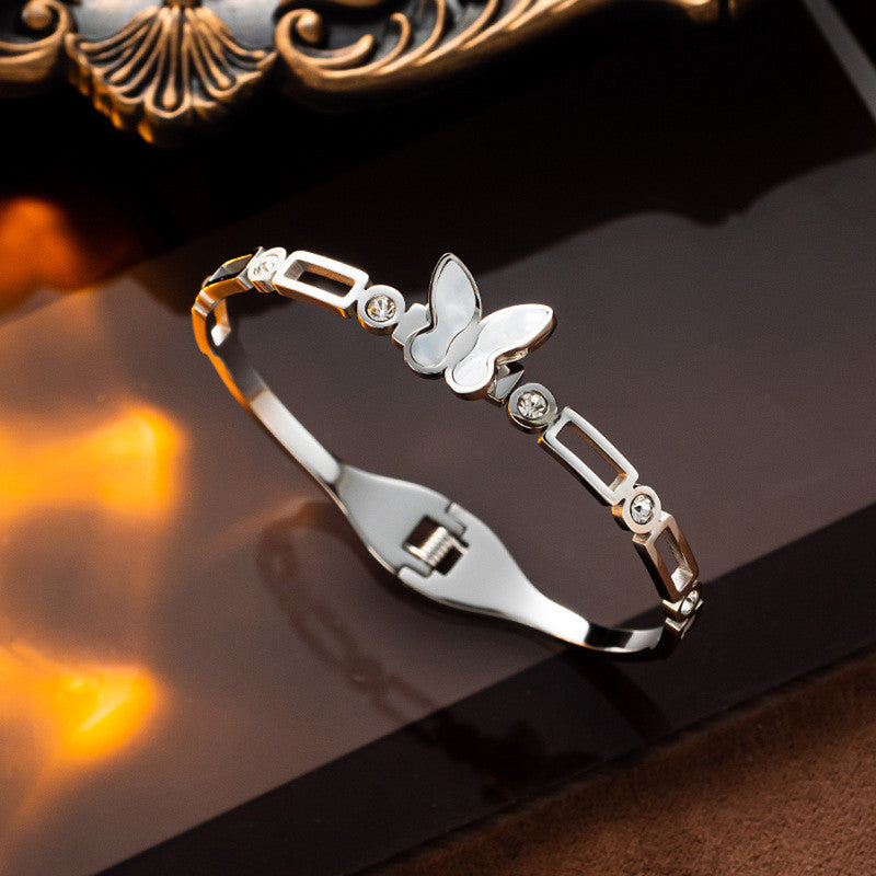 Silver Butterfly Charm Bracelet with Crystal Accents | Anti-Tarnish Stainless Steel Openable Cuff