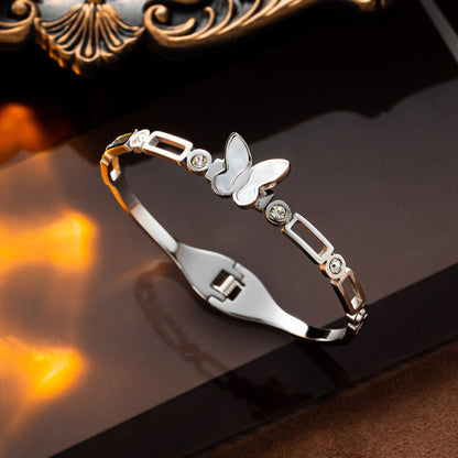 Silver Butterfly Charm Bracelet with Crystal Accents | Anti-Tarnish Stainless Steel Openable Cuff