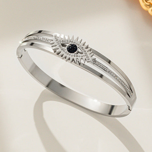 Modern Evil Eye Silver Bracelet with Crystal Lines | Stainless Steel Anti-Tarnish Women’s Cuff