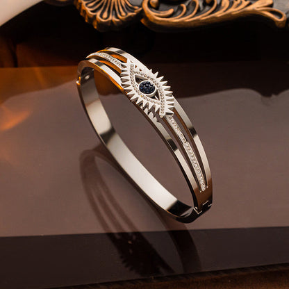 Modern Evil Eye Silver Bracelet with Crystal Lines | Stainless Steel Anti-Tarnish Women’s Cuff