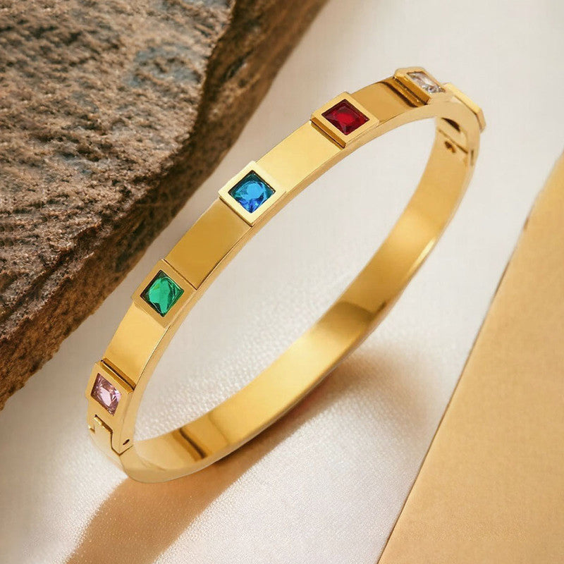 Gold-Plated Multicolor Crystal Bangle Bracelet | Stainless Steel Anti-Tarnish Openable Cuff for Women