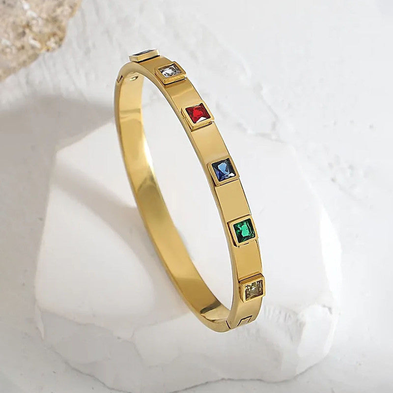Gold-Plated Multicolor Crystal Bangle Bracelet | Stainless Steel Anti-Tarnish Openable Cuff for Women