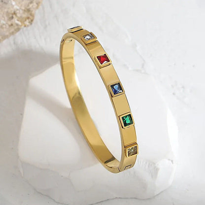Gold-Plated Multicolor Crystal Bangle Bracelet | Stainless Steel Anti-Tarnish Openable Cuff for Women