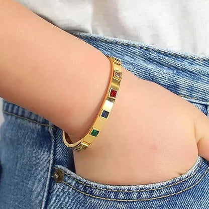 Gold-Plated Multicolor Crystal Bangle Bracelet | Stainless Steel Anti-Tarnish Openable Cuff for Women