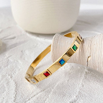 Gold-Plated Multicolor Crystal Bangle Bracelet | Stainless Steel Anti-Tarnish Openable Cuff for Women
