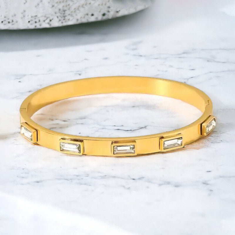 Gold-Plated Crystal Studded Bangle Bracelet | Stainless Steel Anti-Tarnish Openable Cuff for Women