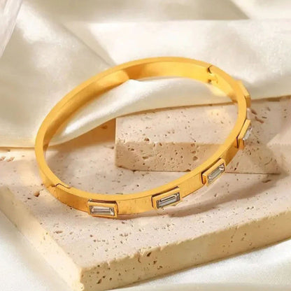 Gold-Plated Crystal Studded Bangle Bracelet | Stainless Steel Anti-Tarnish Openable Cuff for Women