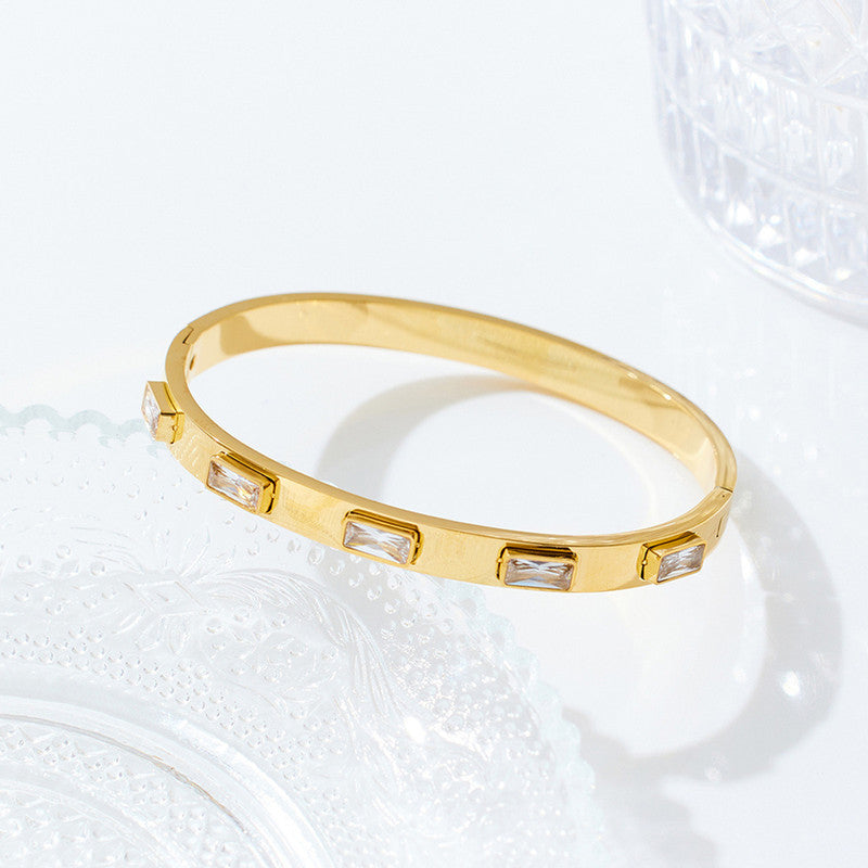 Gold-Plated Crystal Studded Bangle Bracelet | Stainless Steel Anti-Tarnish Openable Cuff for Women