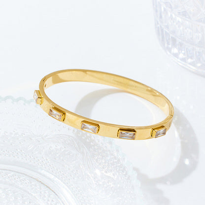 Gold-Plated Crystal Studded Bangle Bracelet | Stainless Steel Anti-Tarnish Openable Cuff for Women