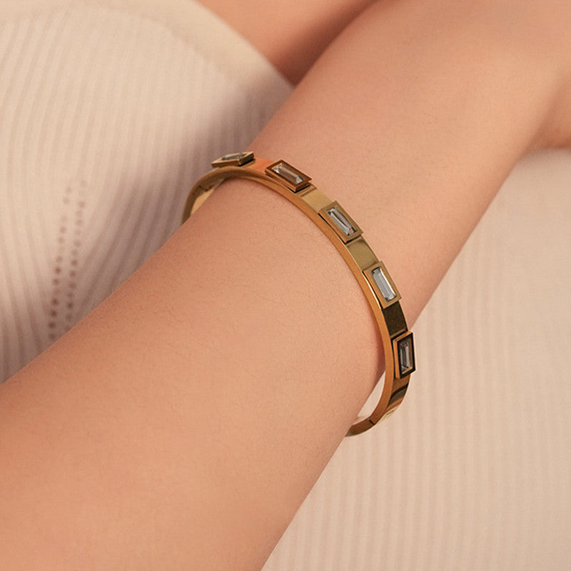 Gold-Plated Crystal Studded Bangle Bracelet | Stainless Steel Anti-Tarnish Openable Cuff for Women
