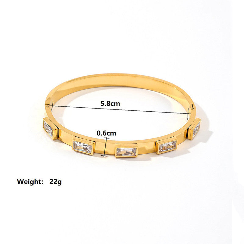 Gold-Plated Crystal Studded Bangle Bracelet | Stainless Steel Anti-Tarnish Openable Cuff for Women