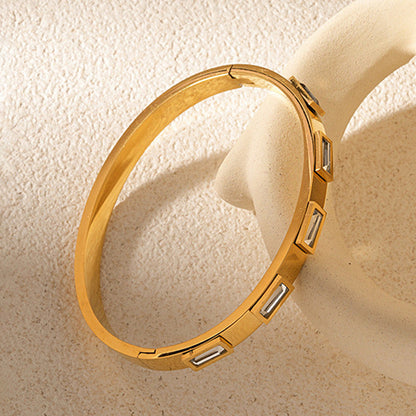 Gold-Plated Crystal Studded Bangle Bracelet | Stainless Steel Anti-Tarnish Openable Cuff for Women