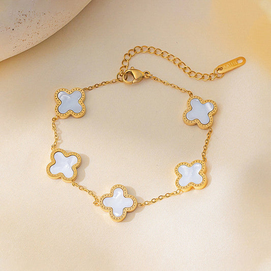 Gold-Plated Clover Charm Bracelet with Mother of Pearl | Anti-Tarnish Stainless Steel Adjustable Chain