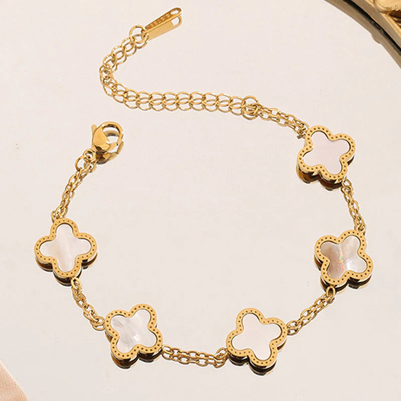 Gold-Plated Clover Charm Bracelet with Mother of Pearl | Anti-Tarnish Stainless Steel Adjustable Chain