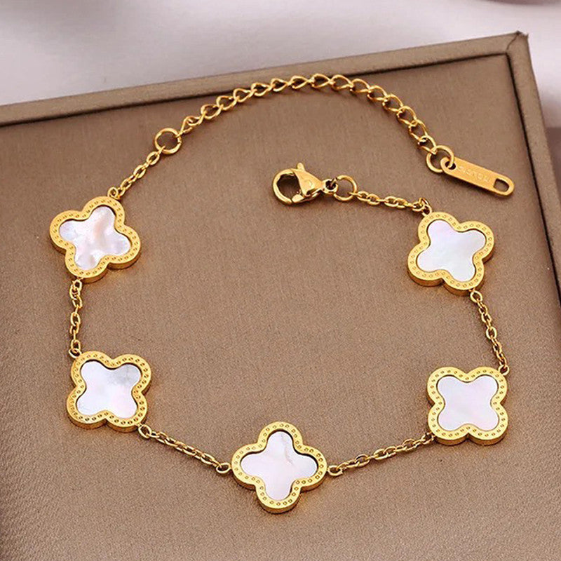 Gold-Plated Clover Charm Bracelet with Mother of Pearl | Anti-Tarnish Stainless Steel Adjustable Chain