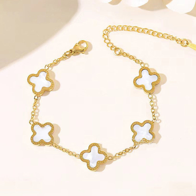 Gold-Plated Clover Charm Bracelet with Mother of Pearl | Anti-Tarnish Stainless Steel Adjustable Chain