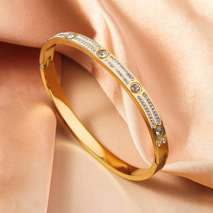 Gold-Plated Crystal Line Bracelet with Round Stone Accents | Anti-Tarnish Stainless Steel Openable Cuff