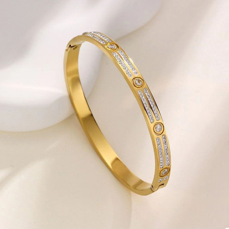 Gold-Plated Crystal Line Bracelet with Round Stone Accents | Anti-Tarnish Stainless Steel Openable Cuff