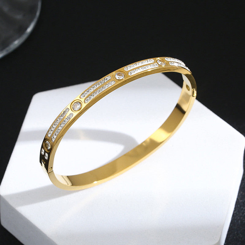 Gold-Plated Crystal Line Bracelet with Round Stone Accents | Anti-Tarnish Stainless Steel Openable Cuff