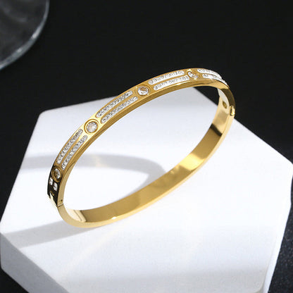 Gold-Plated Crystal Line Bracelet with Round Stone Accents | Anti-Tarnish Stainless Steel Openable Cuff