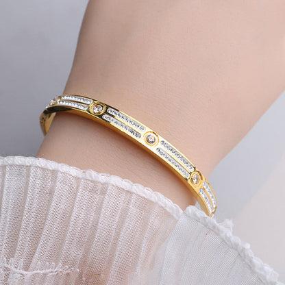 Gold-Plated Crystal Line Bracelet with Round Stone Accents | Anti-Tarnish Stainless Steel Openable Cuff