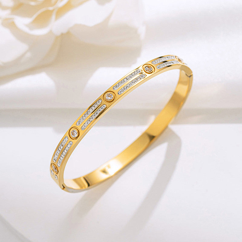 Gold-Plated Crystal Line Bracelet with Round Stone Accents | Anti-Tarnish Stainless Steel Openable Cuff