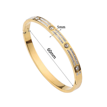 Gold-Plated Crystal Line Bracelet with Round Stone Accents | Anti-Tarnish Stainless Steel Openable Cuff
