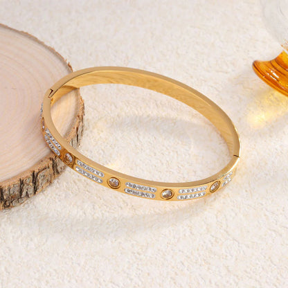 Gold-Plated Crystal Line Bracelet with Round Stone Accents | Anti-Tarnish Stainless Steel Openable Cuff