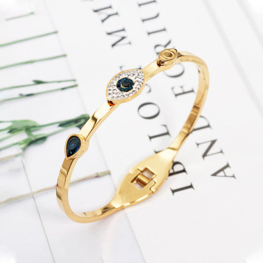 Gold-Plated Evil Eye Bracelet with Crystal Halo | Anti-Tarnish Stainless Steel Openable Cuff for Women