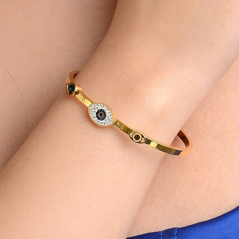 Gold-Plated Evil Eye Bracelet with Crystal Halo | Anti-Tarnish Stainless Steel Openable Cuff for Women