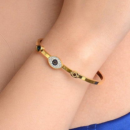 Gold-Plated Evil Eye Bracelet with Crystal Halo | Anti-Tarnish Stainless Steel Openable Cuff for Women