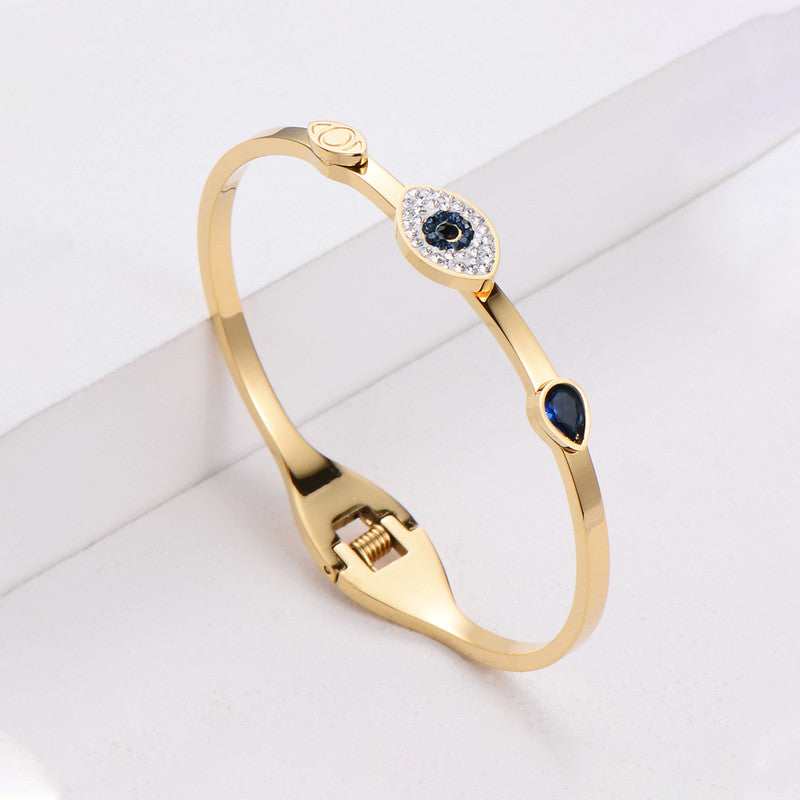 Gold-Plated Evil Eye Bracelet with Crystal Halo | Anti-Tarnish Stainless Steel Openable Cuff for Women