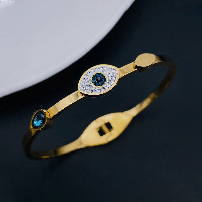 Gold-Plated Evil Eye Bracelet with Crystal Halo | Anti-Tarnish Stainless Steel Openable Cuff for Women