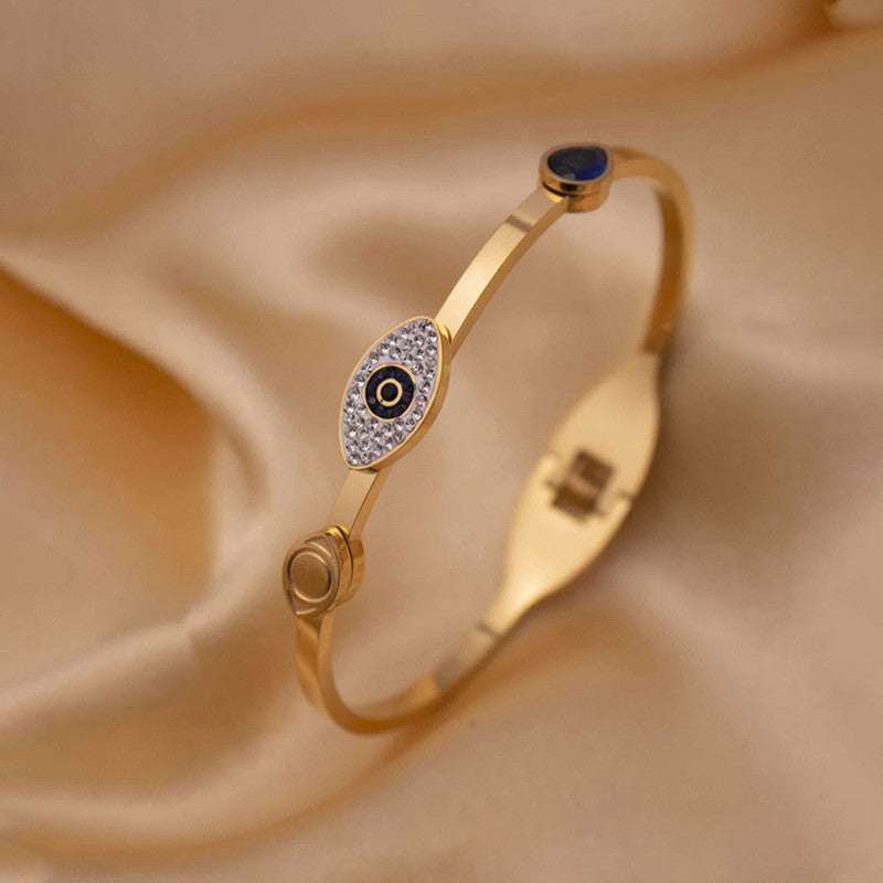 Gold-Plated Evil Eye Bracelet with Crystal Halo | Anti-Tarnish Stainless Steel Openable Cuff for Women