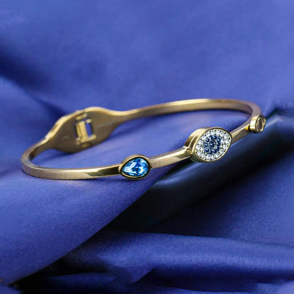 Gold-Plated Evil Eye Bracelet with Crystal Halo | Anti-Tarnish Stainless Steel Openable Cuff for Women
