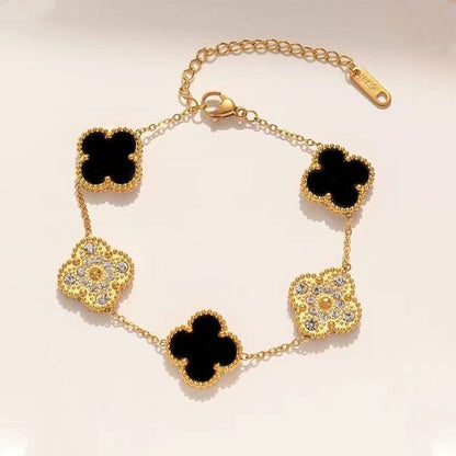 Gold-Plated Black Clover Charm Bracelet with Crystal Accents | Anti-Tarnish Stainless Steel Adjustable Chain