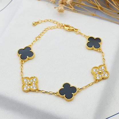 Gold-Plated Black Clover Charm Bracelet with Crystal Accents | Anti-Tarnish Stainless Steel Adjustable Chain