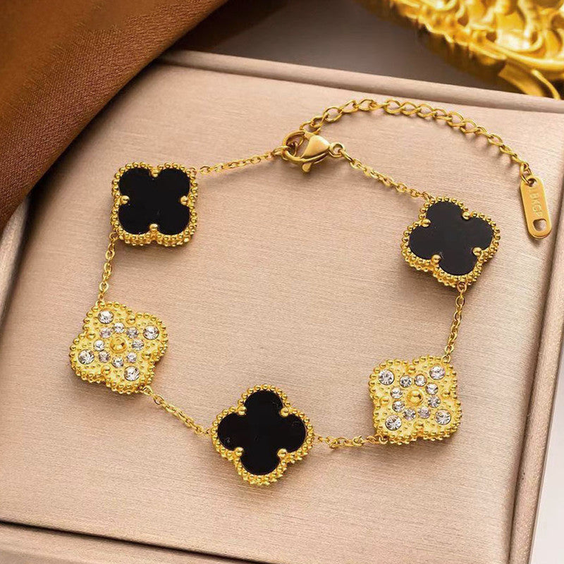 Gold-Plated Black Clover Charm Bracelet with Crystal Accents | Anti-Tarnish Stainless Steel Adjustable Chain