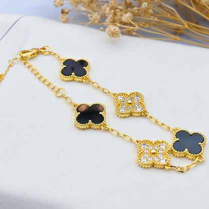 Gold-Plated Black Clover Charm Bracelet with Crystal Accents | Anti-Tarnish Stainless Steel Adjustable Chain