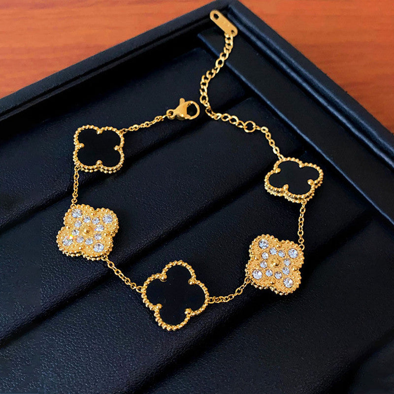 Gold-Plated Black Clover Charm Bracelet with Crystal Accents | Anti-Tarnish Stainless Steel Adjustable Chain
