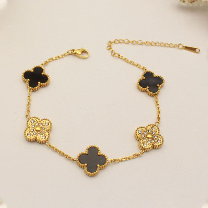 Gold-Plated Black Clover Charm Bracelet with Crystal Accents | Anti-Tarnish Stainless Steel Adjustable Chain