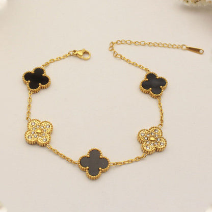 Gold-Plated Black Clover Charm Bracelet with Crystal Accents | Anti-Tarnish Stainless Steel Adjustable Chain