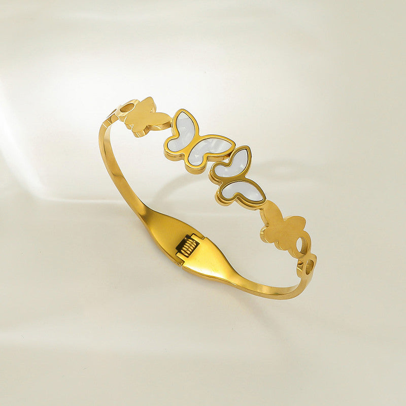 Gold-Plated Butterfly Open Cuff Bracelet with White Inlay