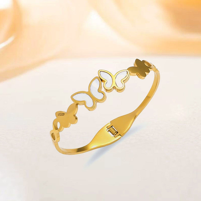 Gold-Plated Butterfly Open Cuff Bracelet with White Inlay