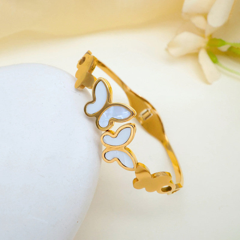 Gold-Plated Butterfly Open Cuff Bracelet with White Inlay