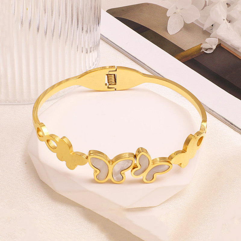 Gold-Plated Butterfly Open Cuff Bracelet with White Inlay