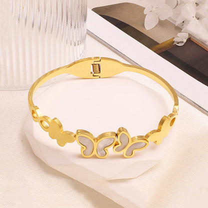 Gold-Plated Butterfly Open Cuff Bracelet with White Inlay