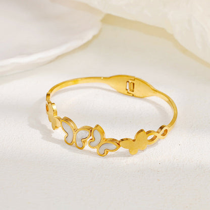 Gold-Plated Butterfly Open Cuff Bracelet with White Inlay